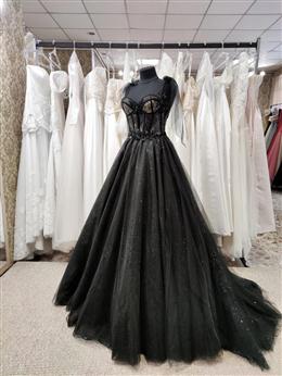 Picture of Black Color Tulle with Lace Straps Long Formal Dresses, Black Color Long Evening Dresses Prom Dresses